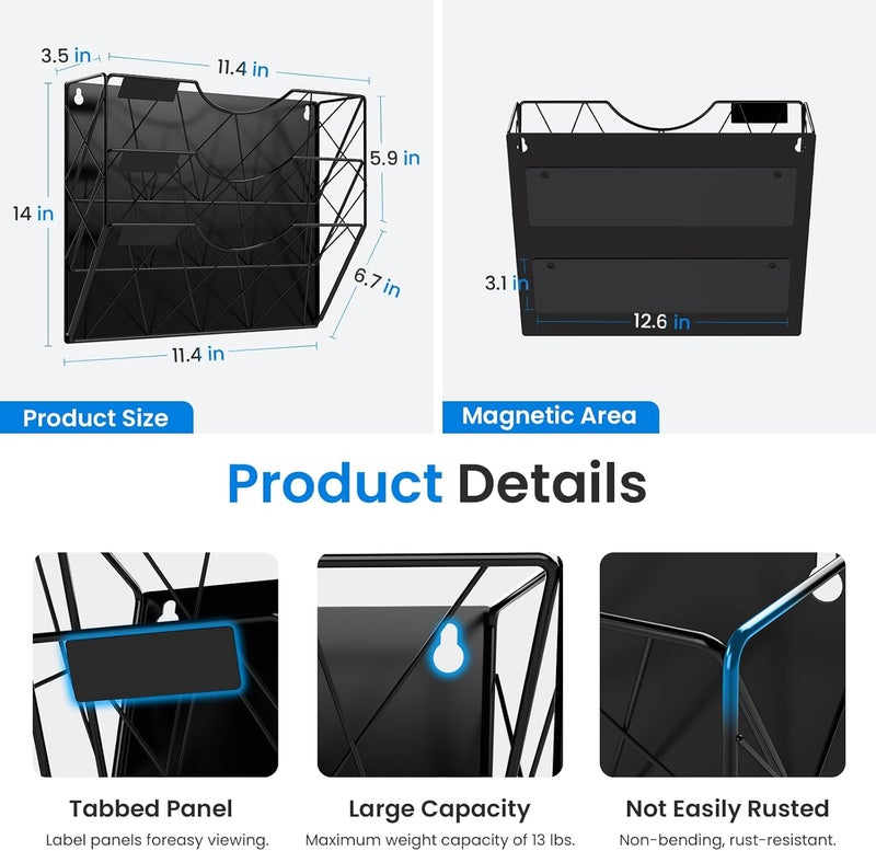 Patvingot Magnetic File Holder for Refrigerator & Cabinets | No-Drill Wall Mount Organizer | 3-Tier Vertical Mail & Magazine Holder for Office/Home (Black, Space-Saving Design) - Image 3